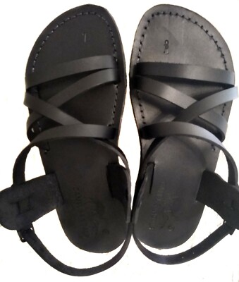 Jesus Women Leather Black Camel Sandals Strap Handmade US 6-10.5