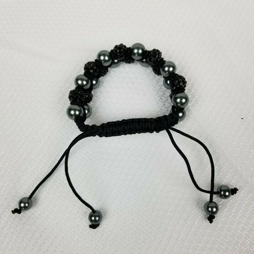 Black Crystal/Black Pearl Pave Ball Bead HQ Women\Men Bracelet Black Cord - Picture 3 of 9