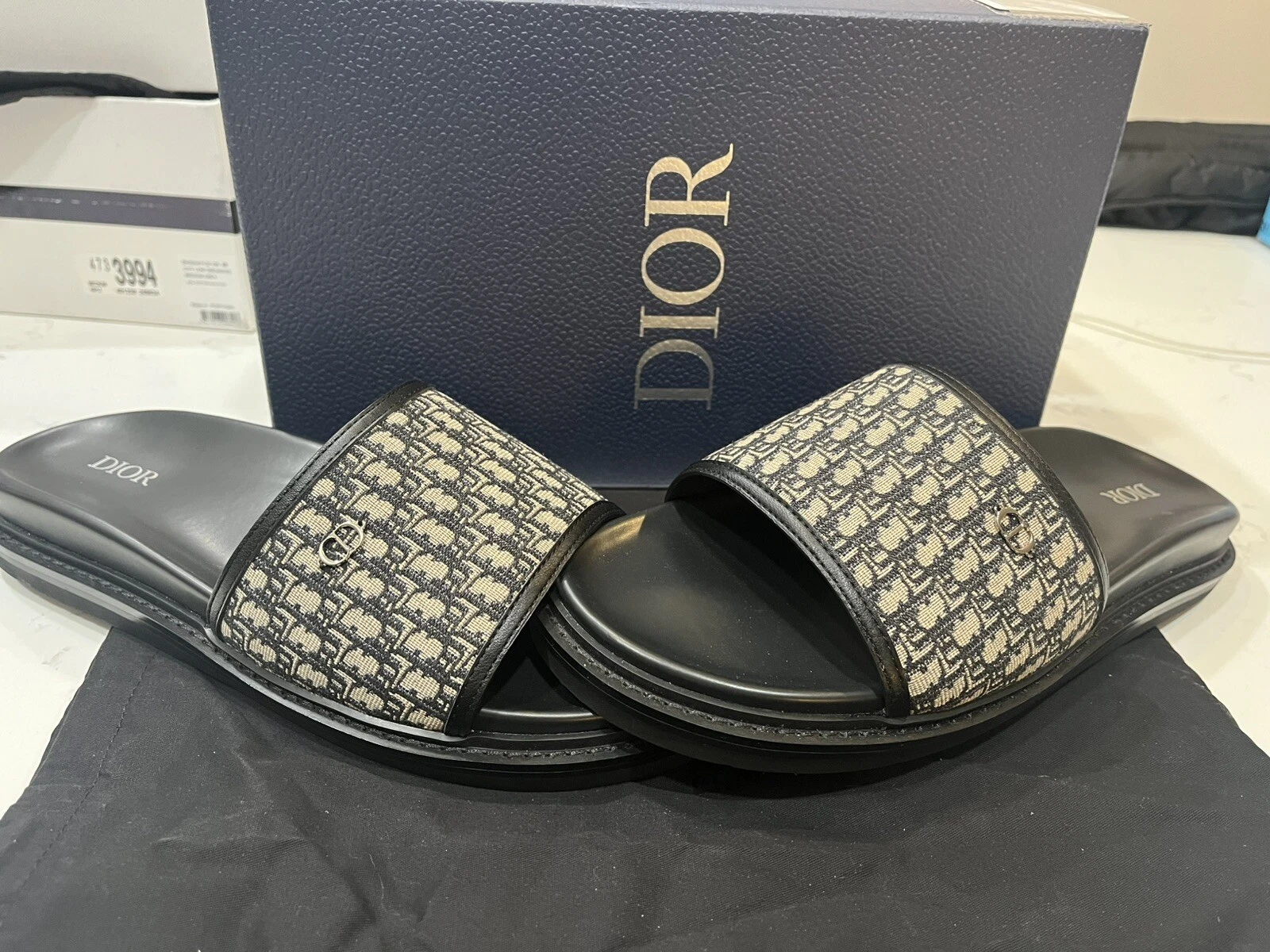 Sandales homme Dior Aqua Oblique toile jacquard cuir slide pointure 46 ???