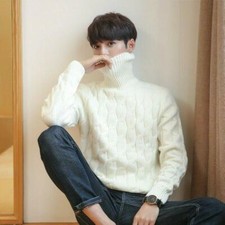 Men's Cable Knit Sweater High Neck Jumper Pullover Knitwear Winter Retro Classic