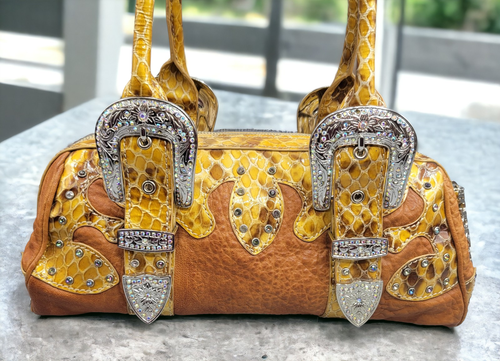 New Charm and Luck Handbag Purse Tan Brown Leather Rhinestone Buckle Accent