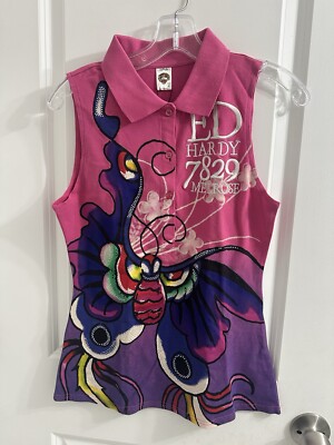 Ed Hardy Christian Audigier Embellished Fuchsia Butterfly Sleeveless Polo Size M