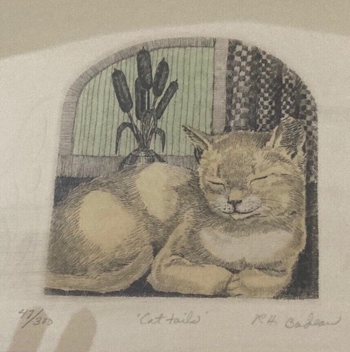 Vintage signierter RACHEL BADEAU handkolorierter RADIERUNGSDRUCK GELBE KATZENSCHWÄNZE 47/300