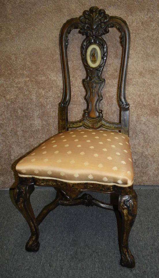 Антикварные резные и расписанные вручную боковые стулья в венецианском стиле с обратным окрашенным стеклом - Изображение 2 из 4