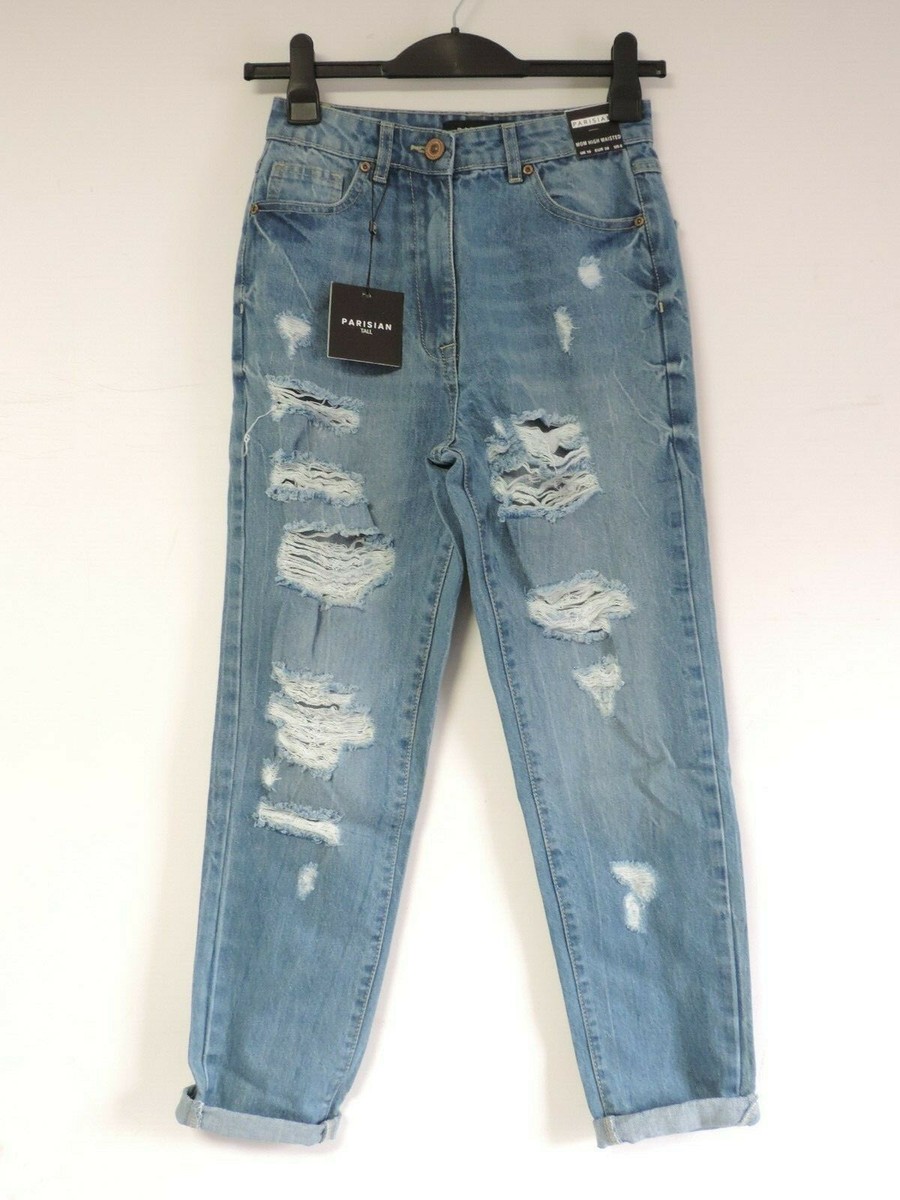 Parisian Ripped High Rise Mom Jeans Mid Blue Size UK 10 Tall DH191