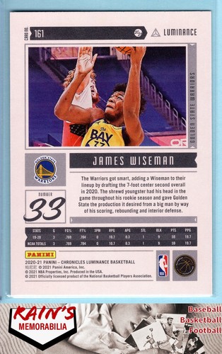 James Wiseman Rookie 2020Panini Chronicles RC "" #161 Golden State Warriors - Picture 2 of 2