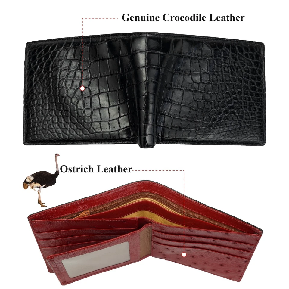Cartera Doble Plegable Cuero Piel de Avestruz Cocodrilo DOBLE CARA Genuina Negra + Roja Foto 3 de 4