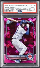 Marketplace image: 2025 BOWMAN CHROME SAPPHIRE EDITION PROSPECTS #230 JUAN TOMAS 1/1 PSA 9