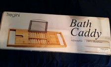 Bamboo Bathtub Caddy Tray Adjustable Bath Organizer with Book Wine Holder
