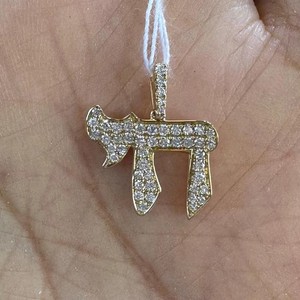 Authentic 1.2Ct Round Lab Created Diamond Jewish Chai Symbol Pendant 14KYellow Gold Plated