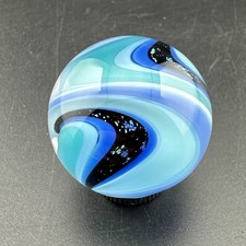 Contemporary Handmade Art Glass Marble 1.10" Blue White Dichroic Sparkle Swirl