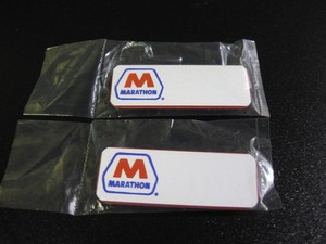 (2) MARATHON GAS STATION ** OIL COMPANY Employee Uniform Name Badges w/ MAGNETS!