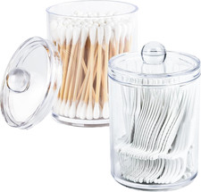 Clear Bathroom Organizer with Lid - 2-Pack Cotton Ball and Cotton Swab Storage T