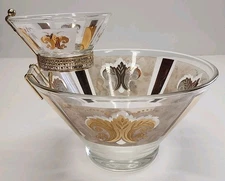 Vintage Anchor Hocking Chip & Dip Serving Bowl Set Gold White Fleur De Lis MCM