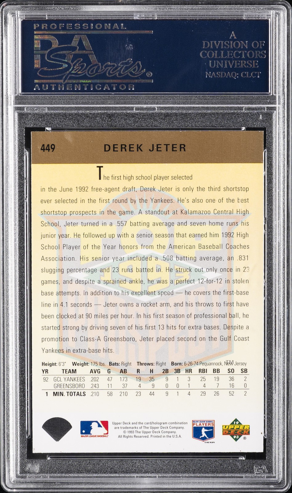 1993 UD #449 DEREK JETER ROOKIE RC PSA 10 view 2