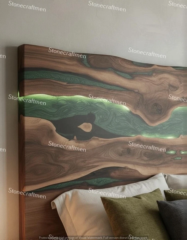 Live Edge Walnut Headboard | Green Epoxy, LED Backlit Bedroom Decor - Image 3 of 4