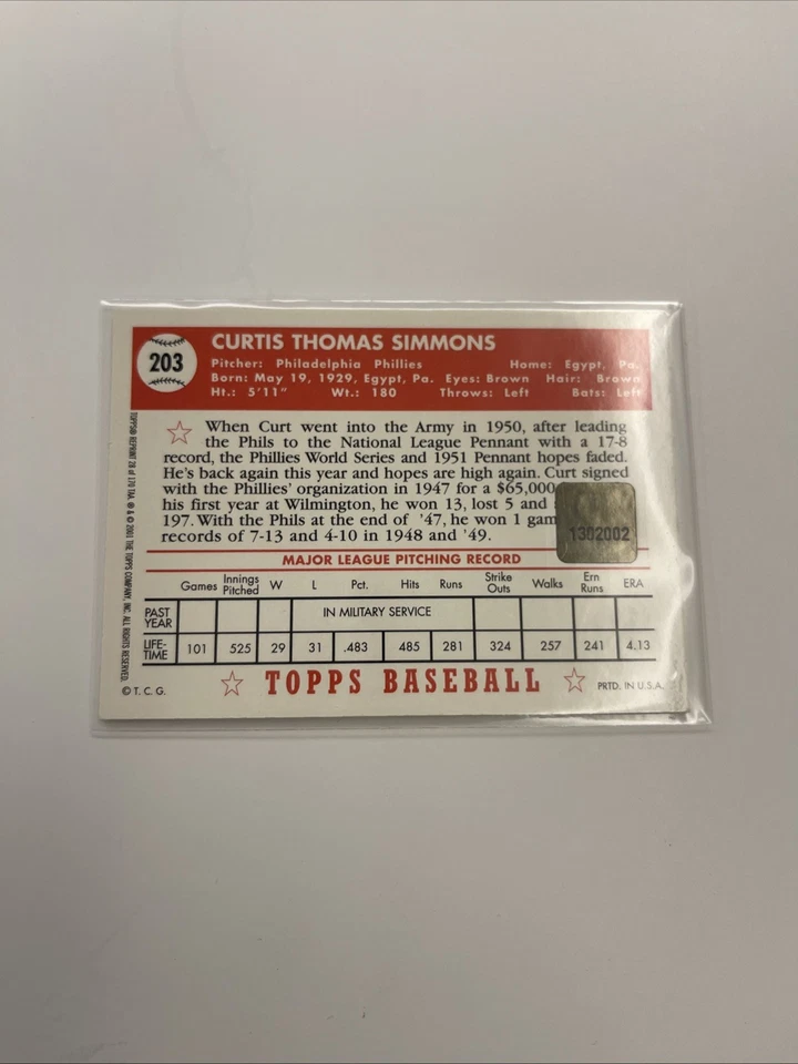1952 Topps - Curt Simmons #203 Foto 4 de 4