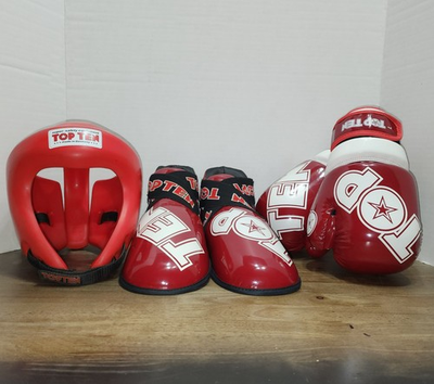 #ad TOP TEN Headgear SUPER LIGHT RED Gloves Boots Switch strap WAKO KARATE SET $135.00