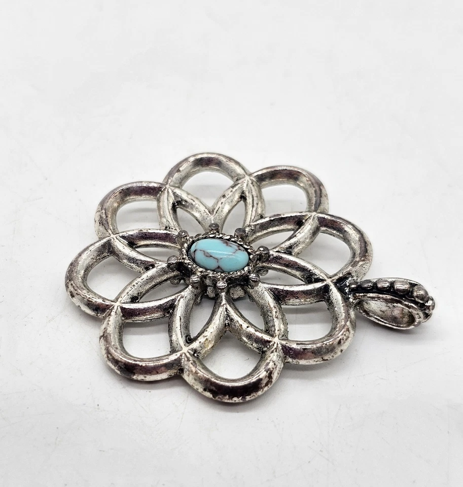 Vintage Boho Southwest Silver Metal Pendant With Faux Turquoise Lucky Brand  - Image 2 of 4