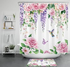 Spring Butterfly Hummingbird Pink Floral Shower Curtain Set for Bathroom Decor