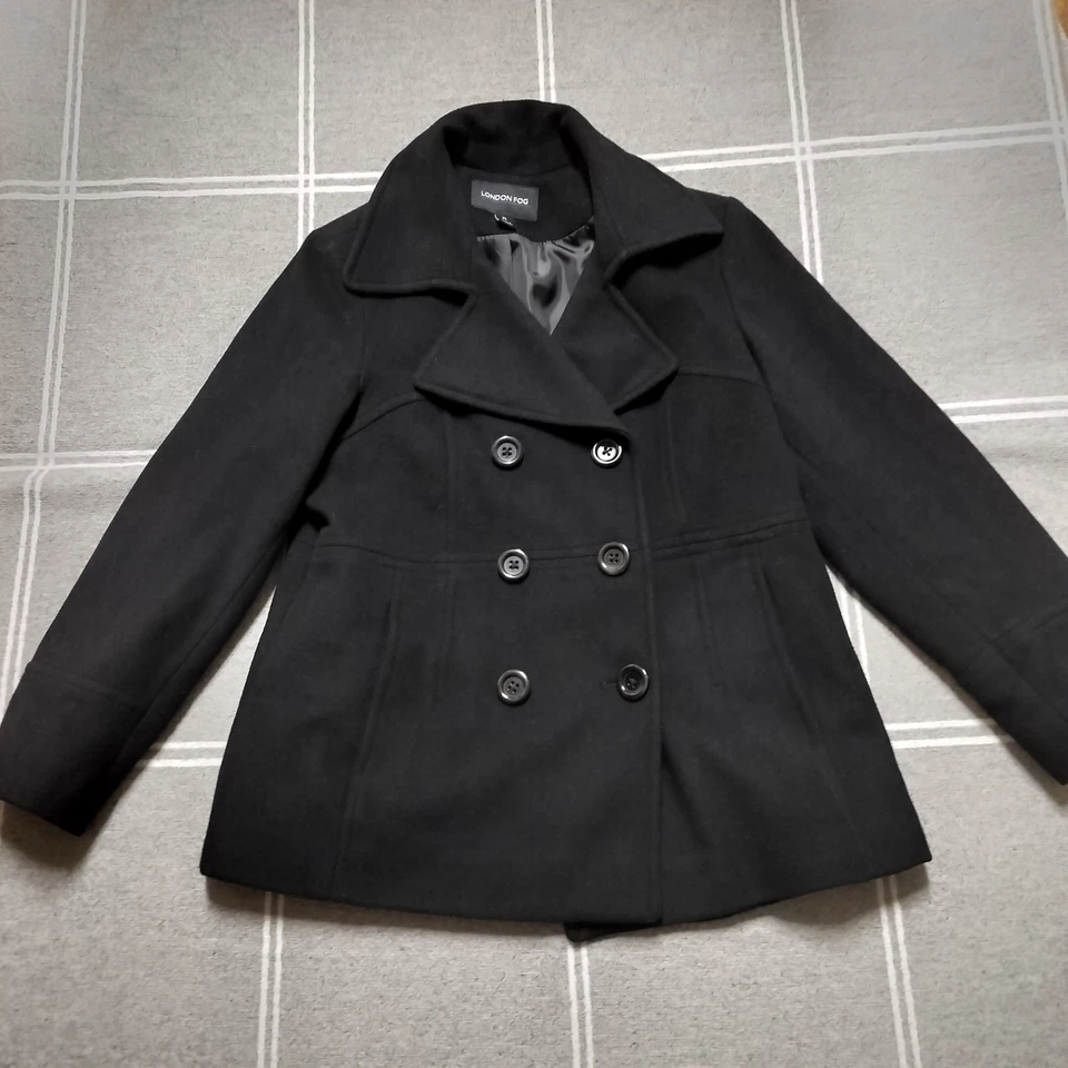 London Fog женщин миниатюрный большой черный двубортный шерстяная смесь с подкладкой Peacoat - Изображение 2 из 4