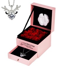 Preserved Real Red Rose,Red Real Rose with Heart Necklace,Eternal Flowers Ros...