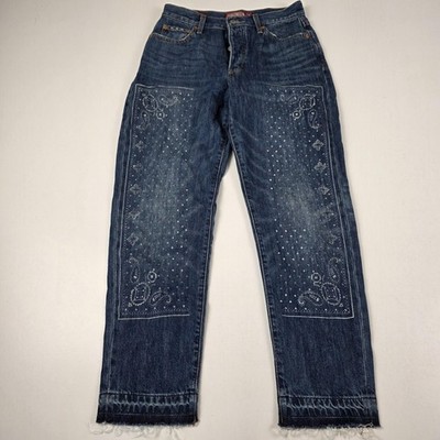 Lucky Brand Drew Mom Jeans Womens 4/27 Blue High Rise Taper Paisley Raw Hem