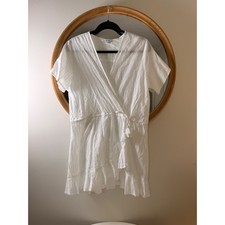 Blue Island Wrap Dress Women Medium White Excellent Tassel Ruffle Mini Gauze