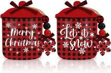 2Pcs Christmas Mini Ceramic Canister Red Black Plaid Xmas Mini Jar Holiday Candy