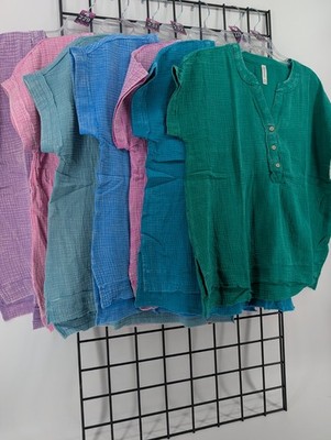 Zenana Washed Double Gauze 3/4 Button Henley Neck Shirt NWT QTW-7139A