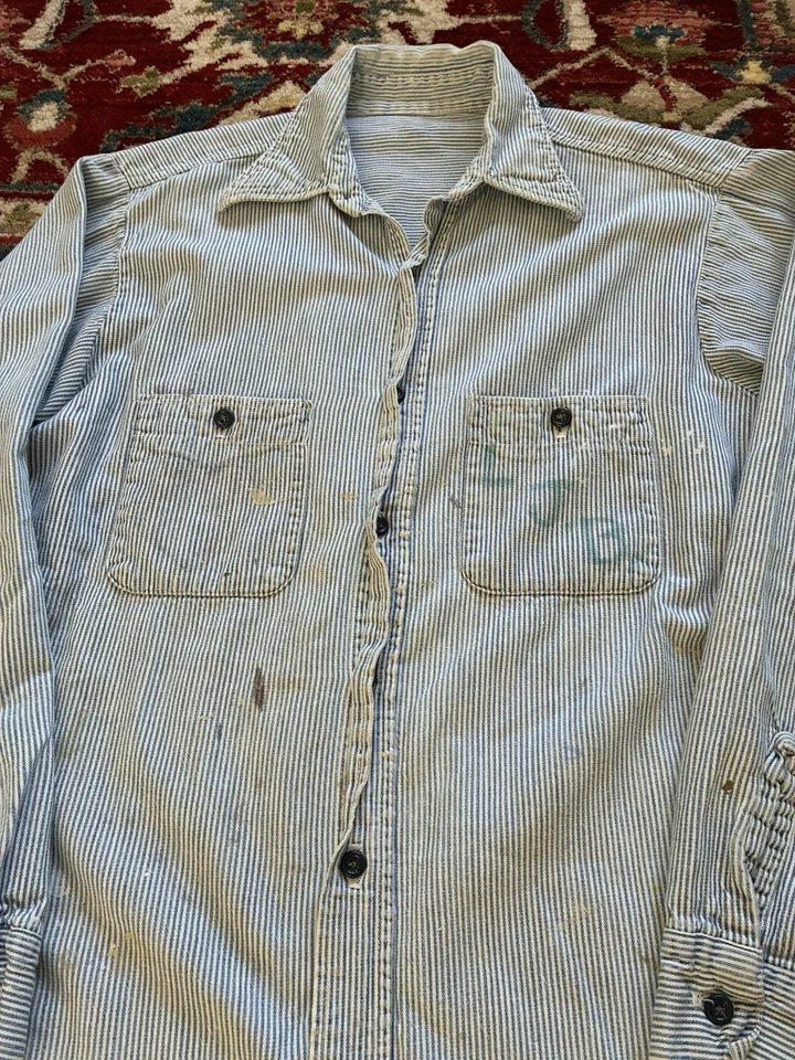 VTG Distressed Hickory Stripe Button Up Shirt Blue White Stenciled 60s 70s 21x29 - Image 2 of 4