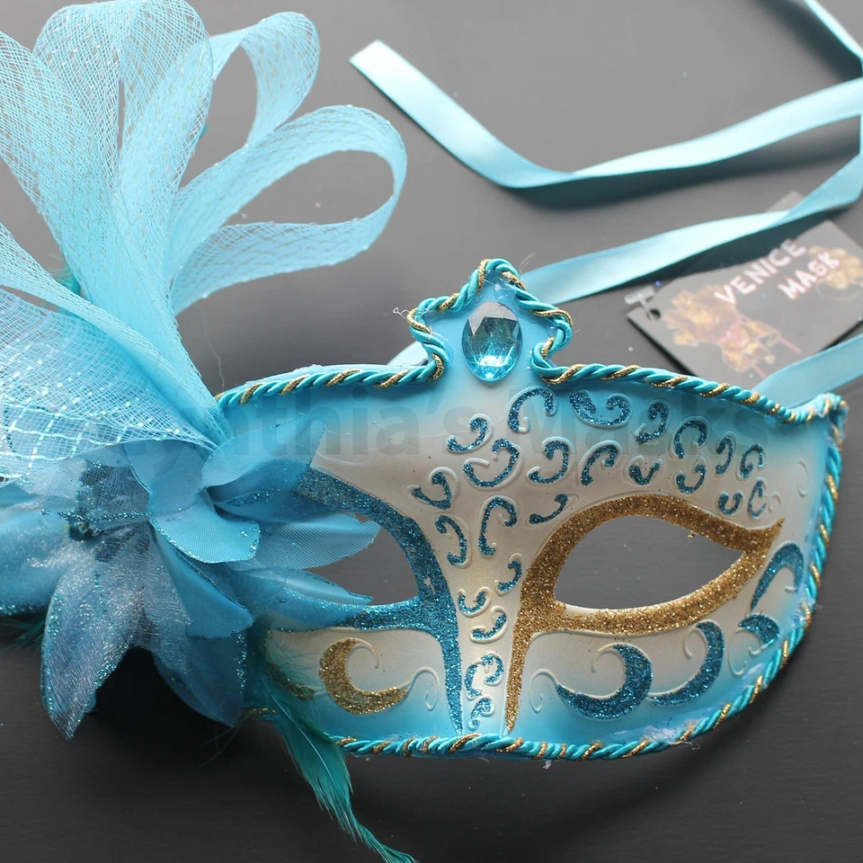 Aqua Blue Floral Venetian Masquerade Mask Party Prom Wedding Halloween Costume - Image 2 of 3