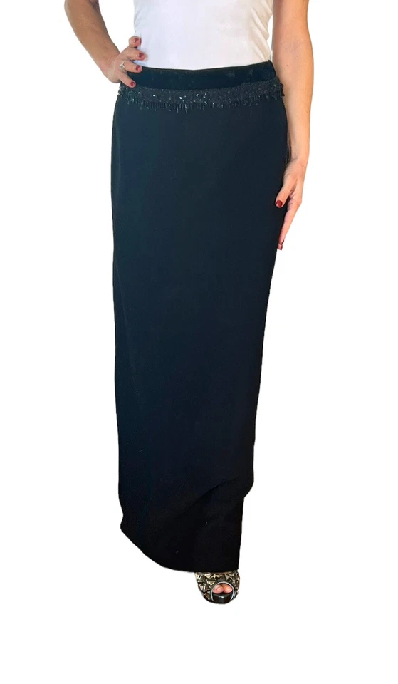 MUJER OSCAR DE LA RENTA FALDA LARGA CON CUENTAS LANA FORMAL NEGRA TALLA 8 Foto 2 de 4