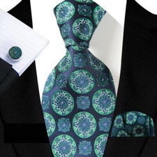 Classic Polka Dot Black Green Jacquard Silk Men's Tie Necktie Hanky Cufflink Set