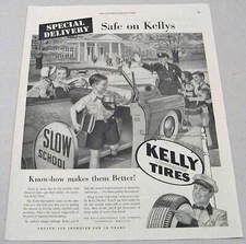 1950 Print Ad Kelly Springfield Tires Mom Drops Kids Off at School Policeman
