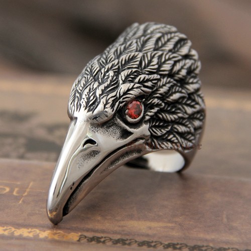 Men's Huge Hawk Eagle Red CZ Eyes 316L Stainless Steel Ring Biker Retro Silver - Picture 3 of 11