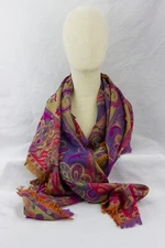 Wool/Viscose Natural Shawl, Paisley, Floral, Reversable, Approx. 46"x46"