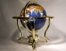 10" Tall Table Blue Crystallite Ocean Gemstone World Globe with Gold Tripod Std