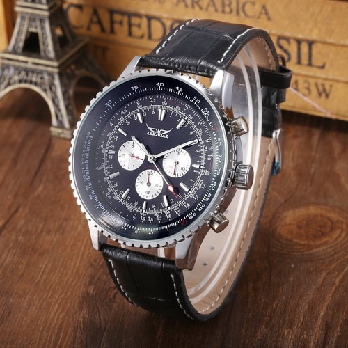 Reloj Mecánico Automático de Lujo Jaragar Cuero Negro Blanco Cara Clásico Nuevo - Imagen 7 de 35