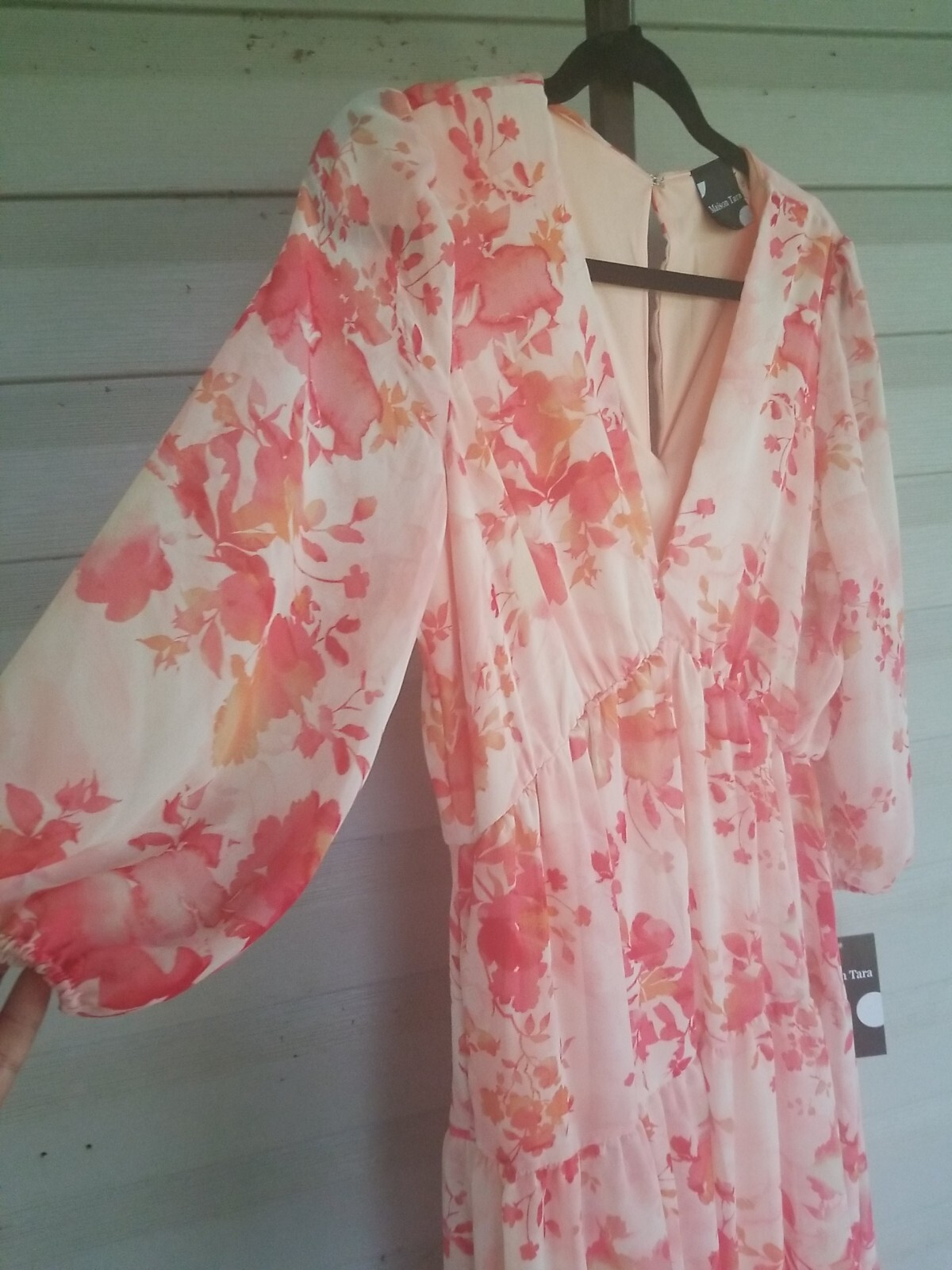 Maison Tara Pink & Orange Floral Midi Shift Dress VNeck 3/4 Sleeve NWT
