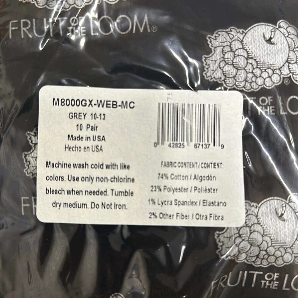 Meias masculinas Fruit of the Loom Everyday Work Crew - Cinza, tamanho 10-13, pacote com 10 - Imagem 3 de 3