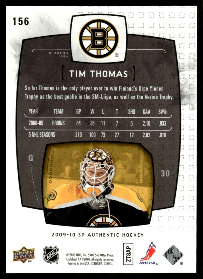 2009-10 SP Authentic Tim Thomas 0783/1999 Boston Bruins #156 . - Image 2 of 2