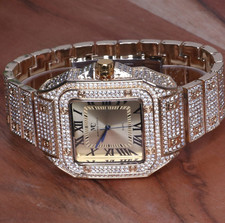 Wristwatch Luxury Iced Gold Plated Cubic Zirconia Square Bracelet Metal Watch