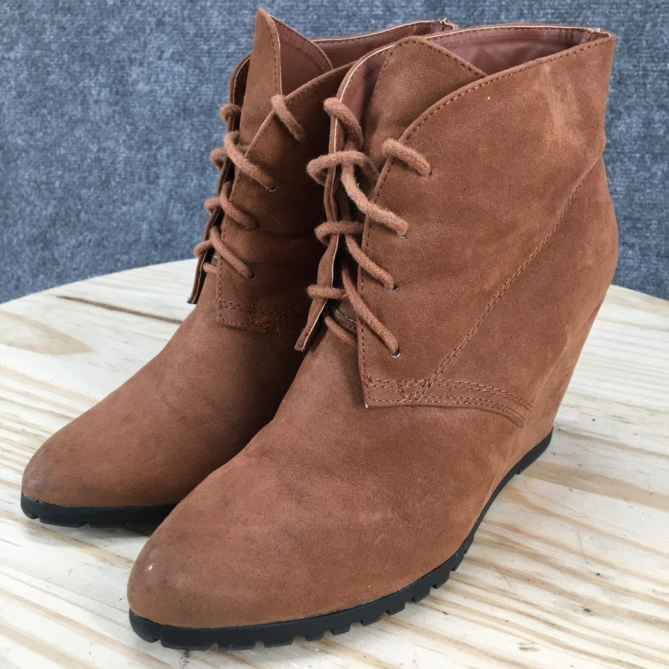 Botas Qupid para mujer 8,5 tacón de cuña botín al tobillo cómodo marrón imitación gamuza con cordones Foto 3 de 4