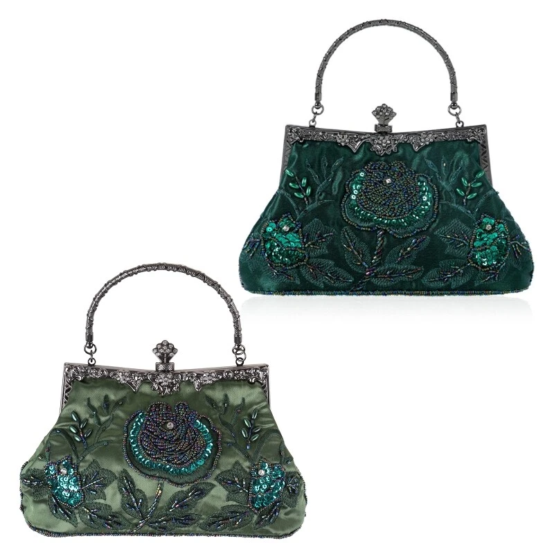 Vintage Style Beaded Floral Evening Clutch Bag Wedding Party Prom Purse Handbag - Image 2 of 4