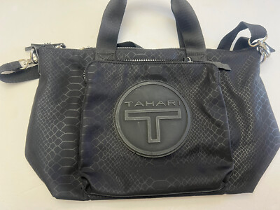 Tahari Vegan Crossbody Shoulder Purse Black Canvas and Leather