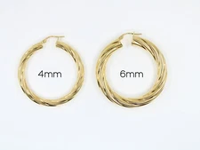 14K Solid Yellow Gold Twist 1.5in Hoops 4mm / 6mm , Croissant Style Polished