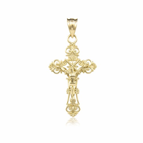 14K Solid Yellow Gold Filigree Crucifix Cross Pendant -INRI Jesus Necklace Charm - Picture 2 of 13