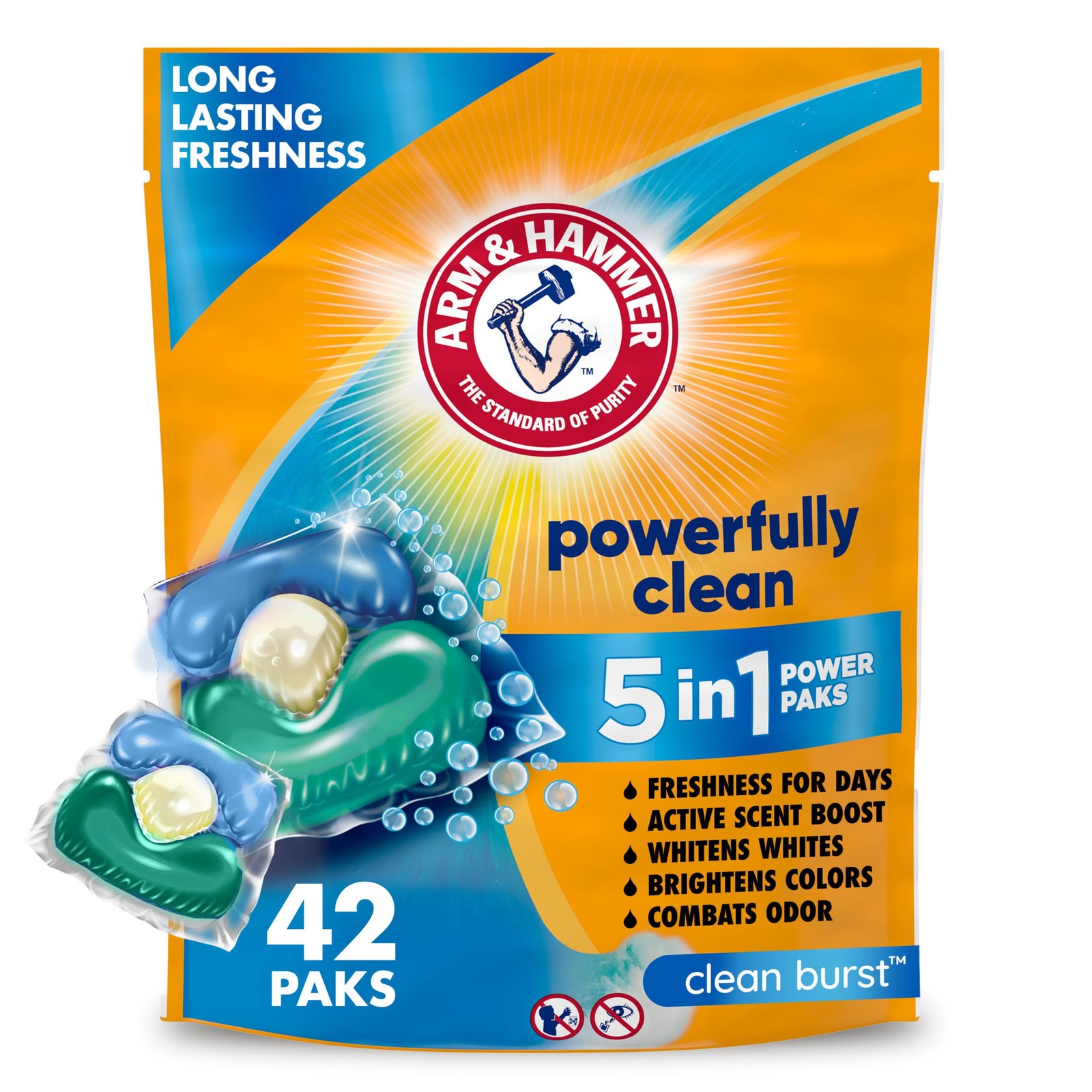 ARM & HAMMER Clean Burst 5-in-1 Laundry 42 Count (Pack of 1), Orange