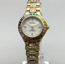 Armitron Now Watch Women 26mm Multicolor Crystals Bezel Gold Tone New Battery 7"